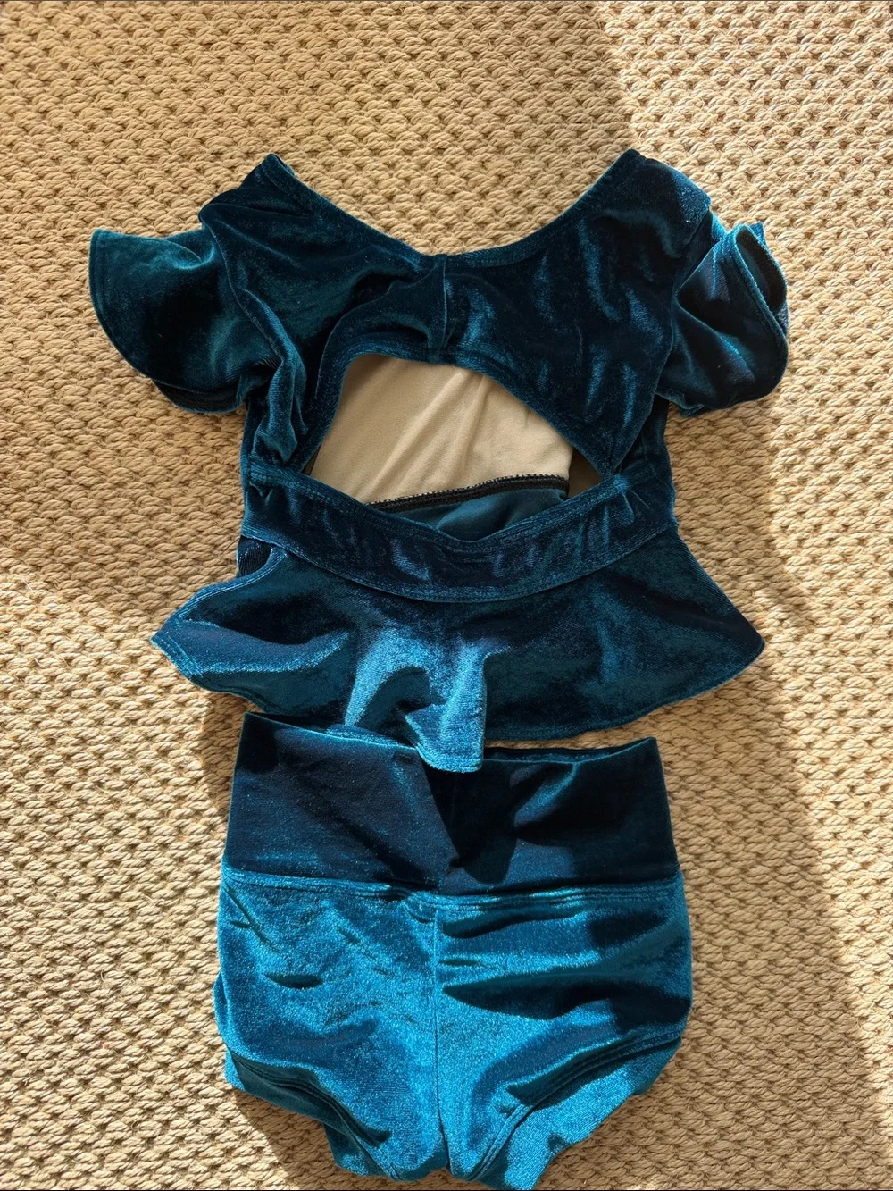 Kandi Kouture Girls Teal Velvet Ruffle Dance Leotard Costume size child small